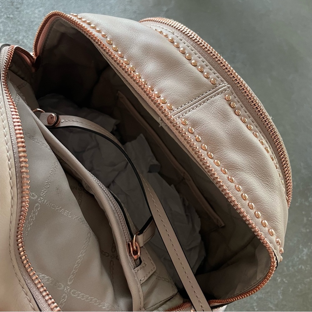 Michael Kors Beige Pink with Rose Gold Metal Rosette Studded Leather Backpack - Picture 13 of 15